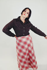 women's vintage long sleeve button up blouse brown with white polka dots front