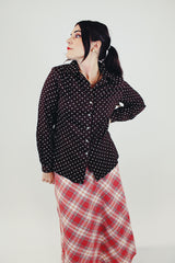 women's vintage long sleeve button up blouse brown with white polka dots front