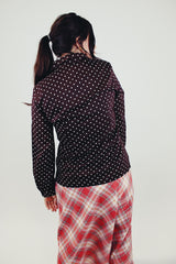 women's vintage long sleeve button up blouse brown with white polka dots back