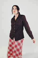 women's vintage long sleeve button up blouse brown with white polka dots front