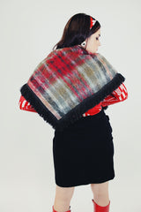 women's vintage green and red mohair shawl poncho with side buttons and fringe around the edges