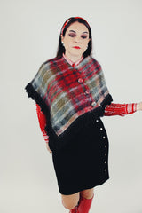 women's vintage green and red mohair shawl poncho with side buttons and fringe around the edges