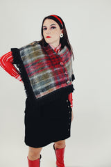 women's vintage green and red mohair shawl poncho with side buttons and fringe around the edges