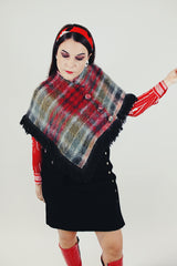 women's vintage green and red mohair shawl poncho with side buttons and fringe around the edges