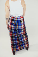women's vintage blue red black and white striped plaid wool maxi skirt back