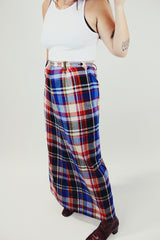 women's vintage blue red black and white striped plaid wool maxi skirt side