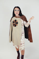 women's vintage two tone brown suede poncho with popper closure and suede flower on the front side