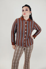women's vintage wool long sleeve sweater cardigan grey and brown stripes front