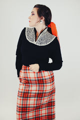 long sleeve black wool pullover vintage women's sweater with cream wool embroidered neckline