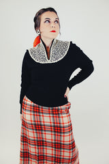 long sleeve black wool pullover vintage women's sweater with cream wool embroidered neckline