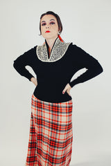 long sleeve black wool pullover vintage women's sweater with cream wool embroidered neckline