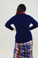 women's vintage long sleeve pullover sweater navy with red faux collar and belt that's knitted into the sweater