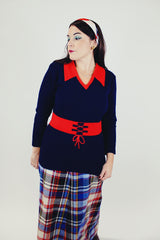 women's vintage long sleeve pullover sweater navy with red faux collar and belt that's knitted into the sweater