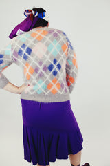 women's vintage angora wool pullover sweater grey with multi colored argyle print