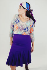 women's vintage angora wool pullover sweater grey with multi colored argyle print