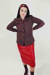 women's vintage wool jacket button up red white and black checkered pattern