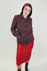 women's vintage wool jacket button up red white and black checkered pattern