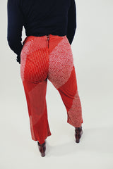 rusty orange women's vintage high waist pants with white print all over slight flair back
