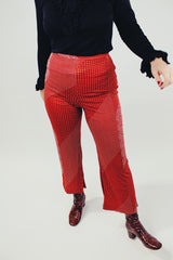 rusty orange women's vintage high waist pants with white print all over slight flair front