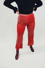 rusty orange women's vintage high waist pants with white print all over slight flair front