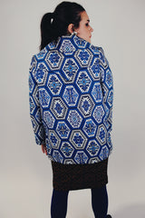 blue and white tapestry print double lapel button up coat women's vintage back