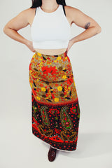 floral and paisley print women's vintage maxi skirt, brown red and yellow colors