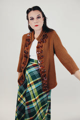 women's vintage 1950's knitted open cardigan with amber circle embellishments sewn on