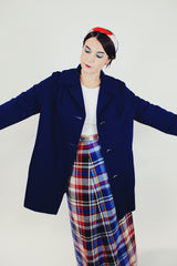 polyester ribbed navy long jacket with front pockets women's vintage 1960's