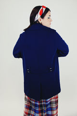 polyester ribbed navy long jacket with front pockets women's vintage 1960's
