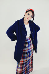 polyester ribbed navy long jacket with front pockets women's vintage 1960's