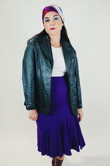 dark green women's vintage 1970's leather jacket, two button closure four front pockets