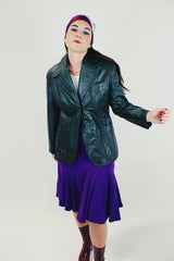 dark green women's vintage 1970's leather jacket, two button closure four front pockets