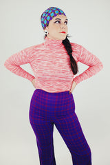 bright red pink and white heathered tight fitting turtleneck long sleeve zipper in back women's vintage