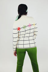 cream wool long sleeve turtleneck sweater with embroidered flowers and brown stripes women's vintage 1960's