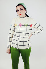 cream wool long sleeve turtleneck sweater with embroidered flowers and brown stripes women's vintage 1960's