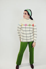 cream wool long sleeve turtleneck sweater with embroidered flowers and brown stripes women's vintage 1960's