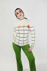 cream wool long sleeve turtleneck sweater with embroidered flowers and brown stripes women's vintage 1960's