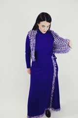 women's vintage three piece set purple wrap skirt with fringe, ribbed turtleneck, and fringe vest