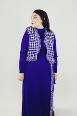 women's vintage three piece set purple wrap skirt with fringe, ribbed turtleneck, and fringe vest
