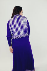 women's vintage three piece set purple wrap skirt with fringe, ribbed turtleneck, and fringe vest