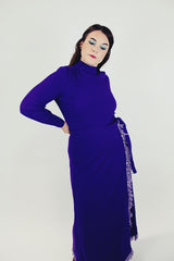 women's vintage three piece set purple wrap skirt with fringe, ribbed turtleneck, and fringe vest