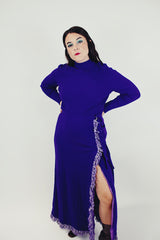 women's vintage three piece set purple wrap skirt with fringe, ribbed turtleneck, and fringe vest