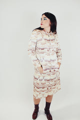 women's vintage nordstrom white silk dress with brown pattern buttons up the front long sleeve midi length with collar