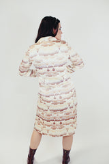 women's vintage nordstrom white silk dress with brown pattern buttons up the front long sleeve midi length with collar