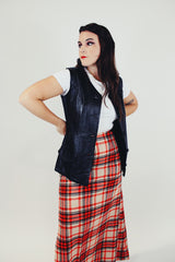 women's vintage black leather vest round neck button front