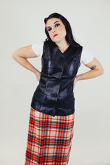 women's vintage black leather vest round neck button front