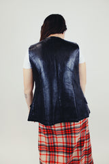 women's vintage black leather vest round neck button front