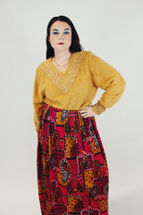 mustard yellow women's vintage angora v-neck sweater with bead and lace embellishments