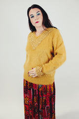 mustard yellow women's vintage angora v-neck sweater with bead and lace embellishments