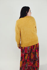 mustard yellow women's vintage angora v-neck sweater with bead and lace embellishments